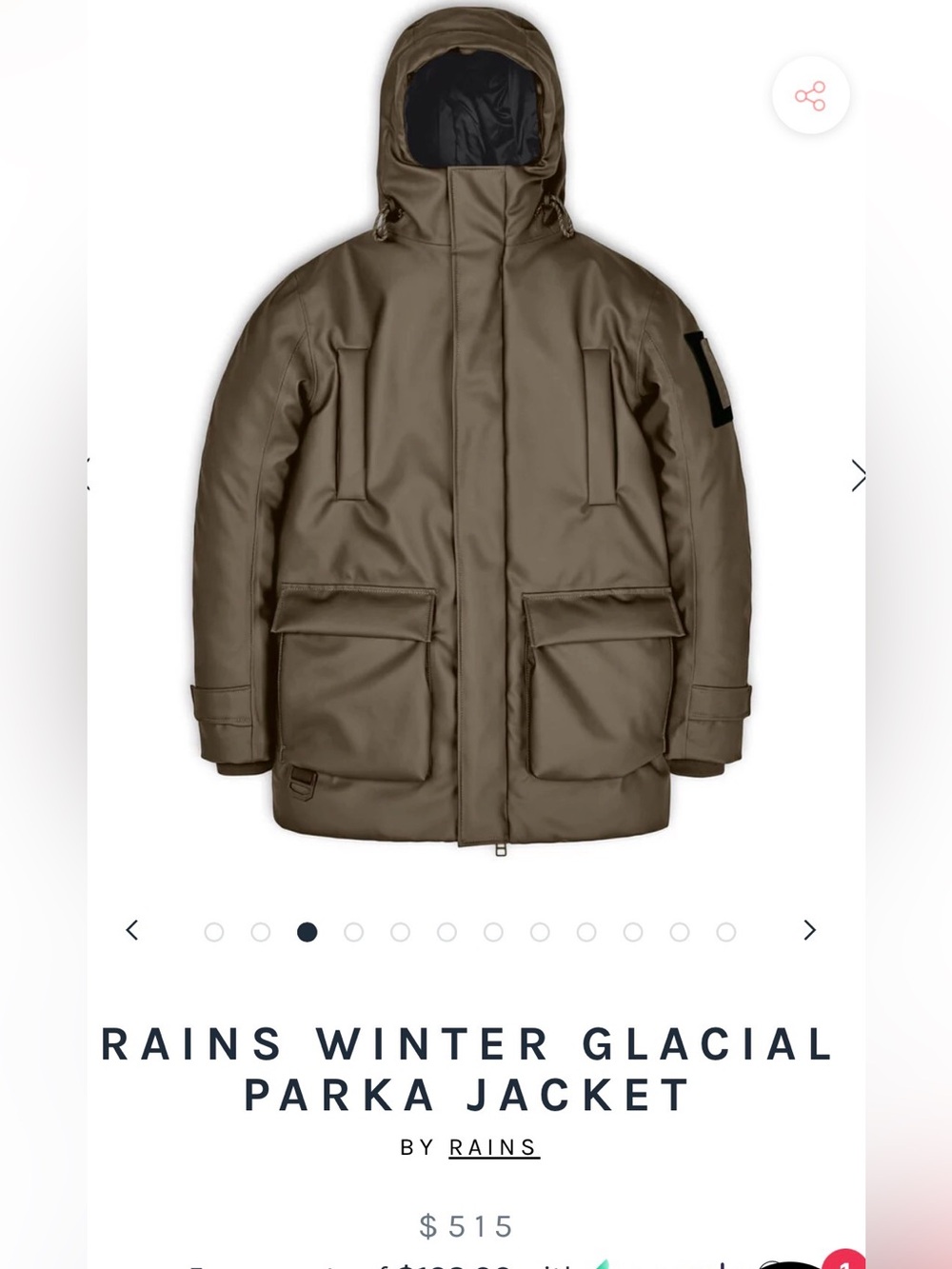Rains Performance Glacial Parka Jacket Unisex XS